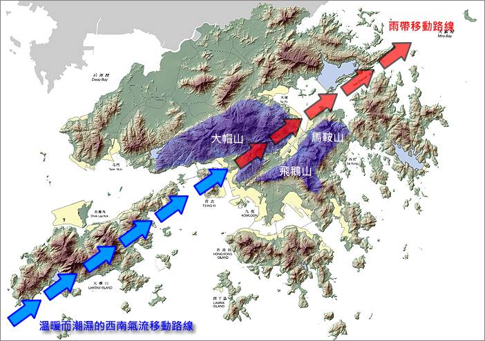 西南氣流遇上大帽山山脈後抬升，並做成降雨。雨帶沿着山脈組成的空氣走廊，由西南至東北方移動。