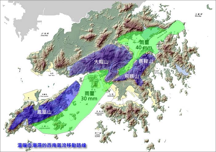 5 月 27 日雨量圖：大雨分別為沙田荃灣及大埔帶來超過 40 毫米雨量。